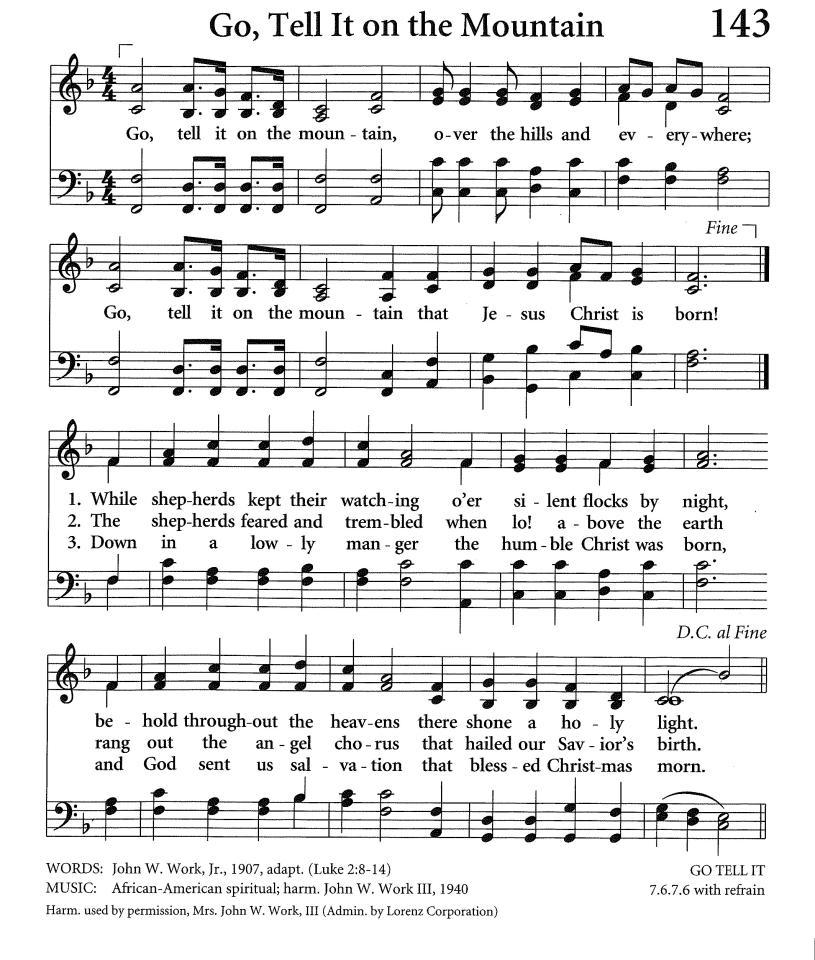 sheet music of the hymn go, tell it on the mountain