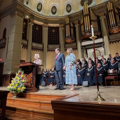 steve and missy wells standing on the sanctuary platform