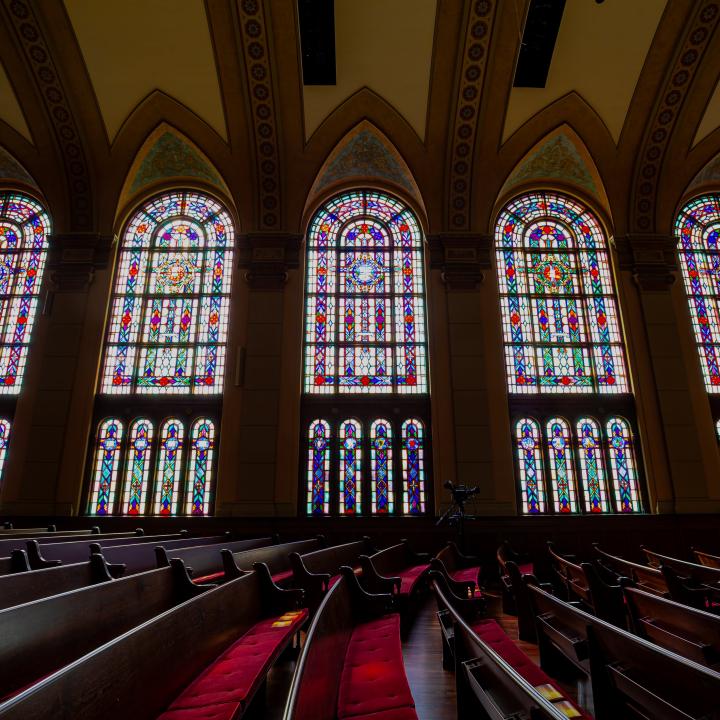 picture of the stained glass in the sanctuary of south main