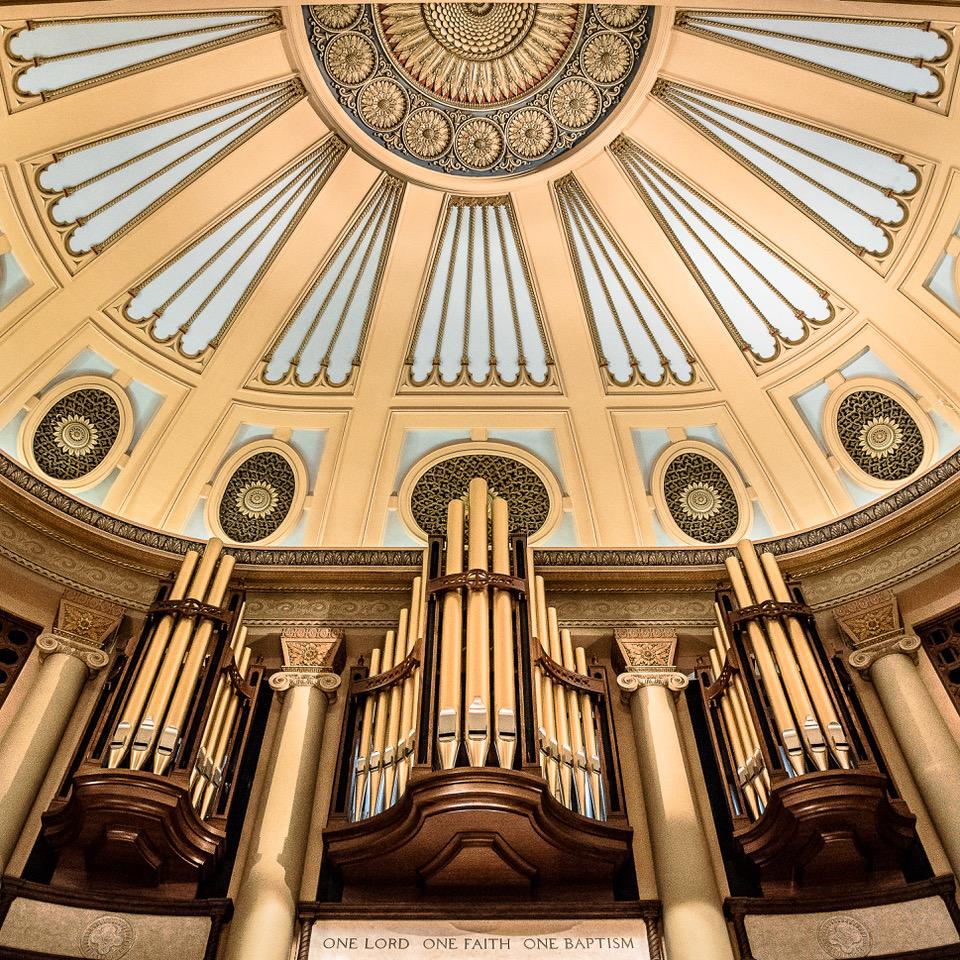 View of organ pipes overhead in South Main Baptist Church sanctuary